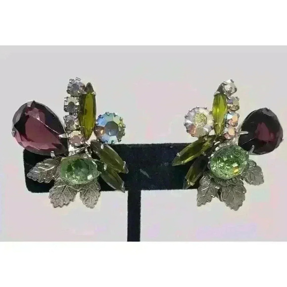 Vintage Earrings Huge Faceted Rhinestones Clip On Metal Leaves 1960s - Picture 2 of 14